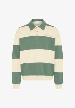 Πουλόβερ πόλο με μακριά μανίκια σε κρεμ και πράσινες οριζόντιες ρίγες, με γιακά, τριπλή σειρά κουμπιών και κεντημένο κείμενο στο στήθος.