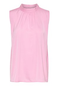 Bezrekawnik w jasnoróżowym kolorze, z wysokim dekoltem z marszczeniami i miękką, gładką fakturą. Klasyczny, luźny krój.