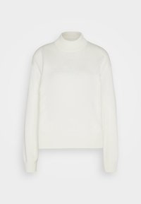 Pull blanc à manches longues avec col rond, poignets et col côtelés, présenté sur un fond gris clair uni.