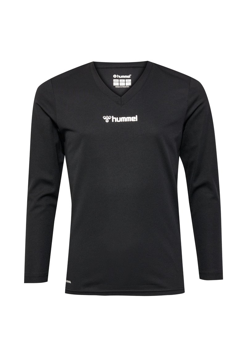 Schwarzes Langarm-V-Ausschnitt-Shirt aus atmungsaktivem Material mit einem weißen "hummel"-Logo auf der Brust. Schlichtes Design ohne Muster.