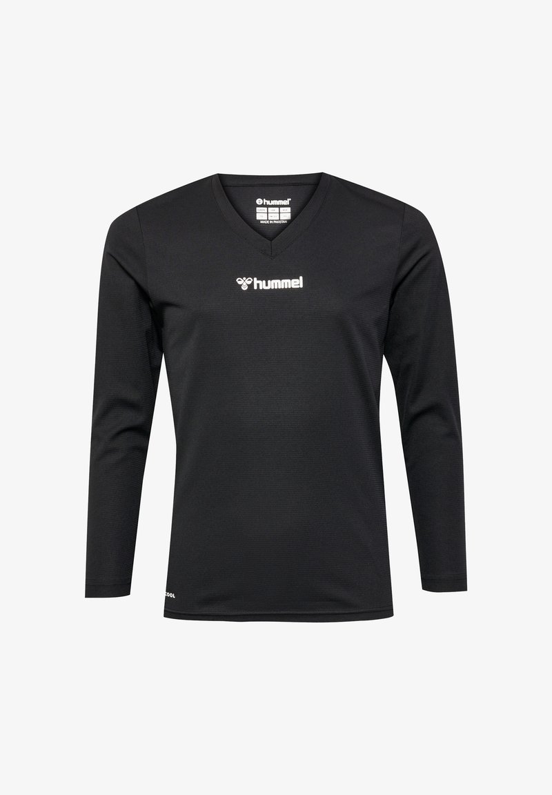Schwarzes Langarm-V-Ausschnitt-Shirt aus atmungsaktivem Material mit einem weißen "hummel"-Logo auf der Brust. Schlichtes Design ohne Muster.