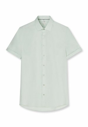 Chemise à manches courtes vert clair avec boutons, col classique et tissu subtilement texturé, présentée à plat sur fond blanc.