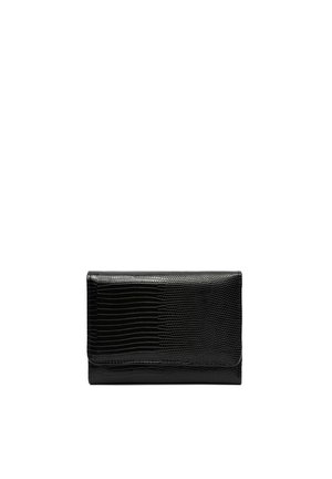 Black wallet made of embossed leather, featuring a textured surface with raised lines. Compact rectangular shape with a fold-over flap.
