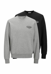 To Jack & Jones crewneck sweatshirts, én grå og én sort, hver med lille logo-tekst på brystet.