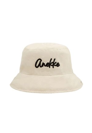 Cappello beige a secchiello con tesa larga, caratterizzato dal logo "Anekke" in corsivo nero ricamato sul davanti.