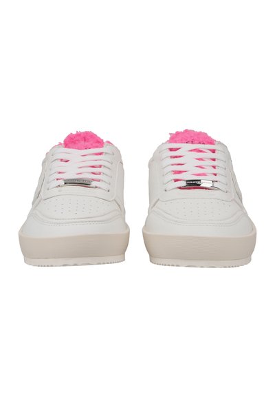 White leather sneakers with a textured platform sole, featuring pink fluffy accents at the tongue and bright pink laces.