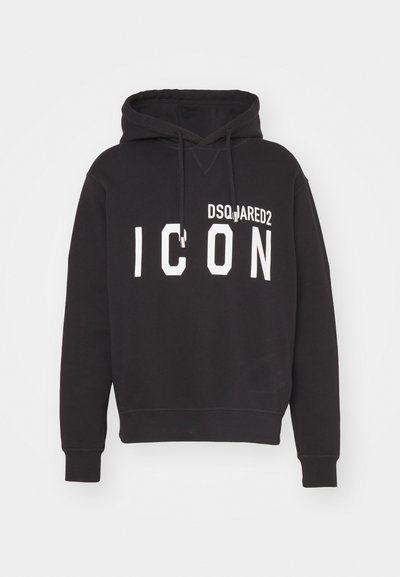 Felpa nera in cotone, con tasca a marsupio, cappuccio con cordino e grande scritta bianca "ICON" con il nome del marchio "DSQUARED2."