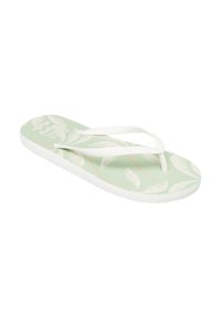 Flip-flop med en lysegrøn fodseng, der viser hvide bladmønstre, sikret af hvide stropper. Tekstureret sål for godt greb.