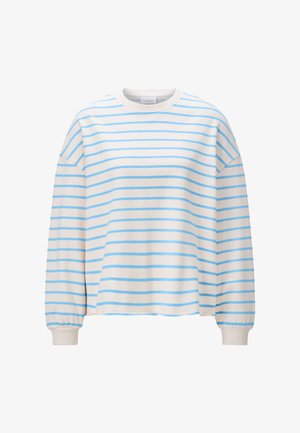 White long-sleeve crewneck shirt with light blue horizontal stripes and ribbed cuffs, shown against a plain white background.