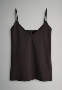 Schwarzes Kamelés-Top mit dünnen verstellbaren Trägern, V-Ausschnitt-Design, aus glattem Stoff, mit geradem Saum und minimalistischer Stil.