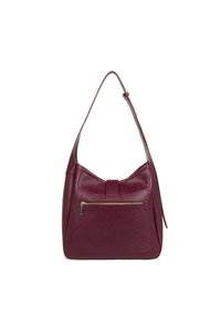 Sac à main en cuir bourgogne avec une forme incurvée, une bandoulière unique et une poche zippée à l'avant. Présente une finition texturée et des accents minimalistes.