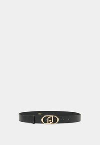 Zwarte lederen riem met een gouden ovale gesp met een logo ontwerp. Inclusief meerdere gaatjes voor een verstelbare pasvorm. Soepele textuur.
