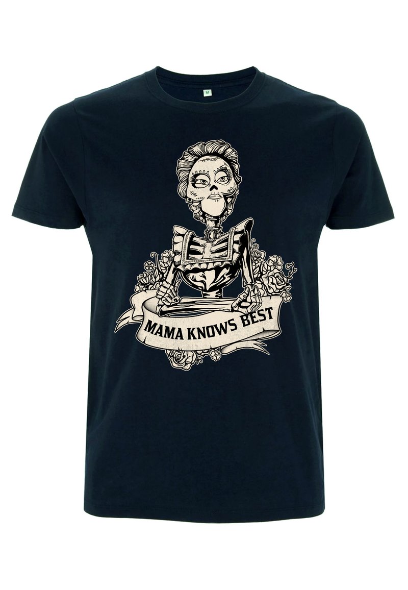 Černé bavlněné tričko se skeletonovým designem a květinovým motivem, s nápisem "MAMA VÍ NEJLEPŠE" na banneru pod ním.