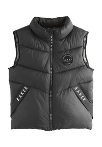 Czarna pikowana kamizelka bez rękawów z wysokim kołnierzem, zamkiem z przodu oraz białym logo "Baker by Ted Baker" na piersi, zamku i kieszeniach.