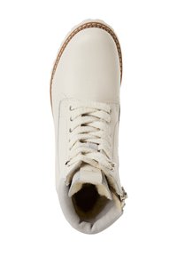 White leather boot with a textured finish, featuring a lace-up front, a zip closure on the side, and a soft interior lining.
