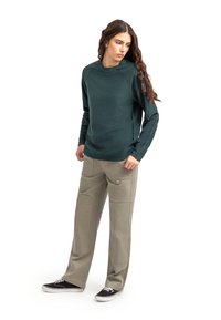 Felpa a maniche lunghe di colore teal con maniche raglan abbinata a pantaloni cargo beige chiaro con numerose tasche e una vestibilità rilassata. Sneakers nere.