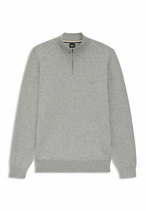 Grå fleece-pullover med høj krave, halvlange lynlås og ribbede manchetter. Har diskret logo-broderi på brystet. Blød tekstur.