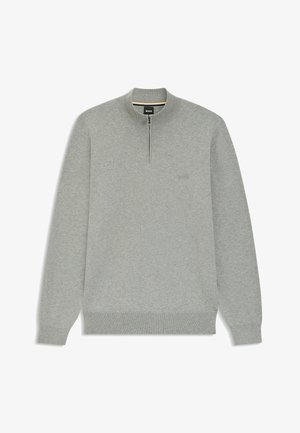 Grijze fleece trui met een col, halve ritssluiting en geribde boorden. Voorzien van subtiele logo borduring op de borst. Zachte textuur.