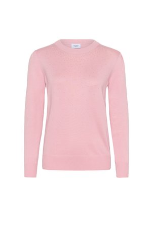 Ružičasti pulover s dugim rukavima, okruglim izrezom i teksturiranim uzorkom preko prsa. Izrađen od mekog materijala s rebrastim rubom.