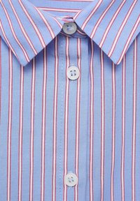 Svijetloplava pamučna košulja s vertikalnim crvenim prugama, s oštrim kragnom i bijelim dugmadima na prednjem dijelu. Teksturirani materijal.