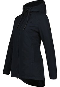 Giacca leggera di colore blu scuro con cappuccio, dotata di chiusura con zip, tasche laterali e un motivo testurizzato. Polsini elasticizzati e orlo regolabile.