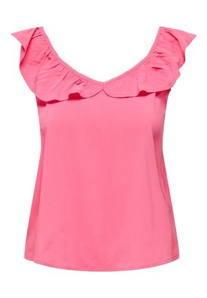 Haut rose sans manches avec un large col volanté et une coupe fluide sur fond blanc.