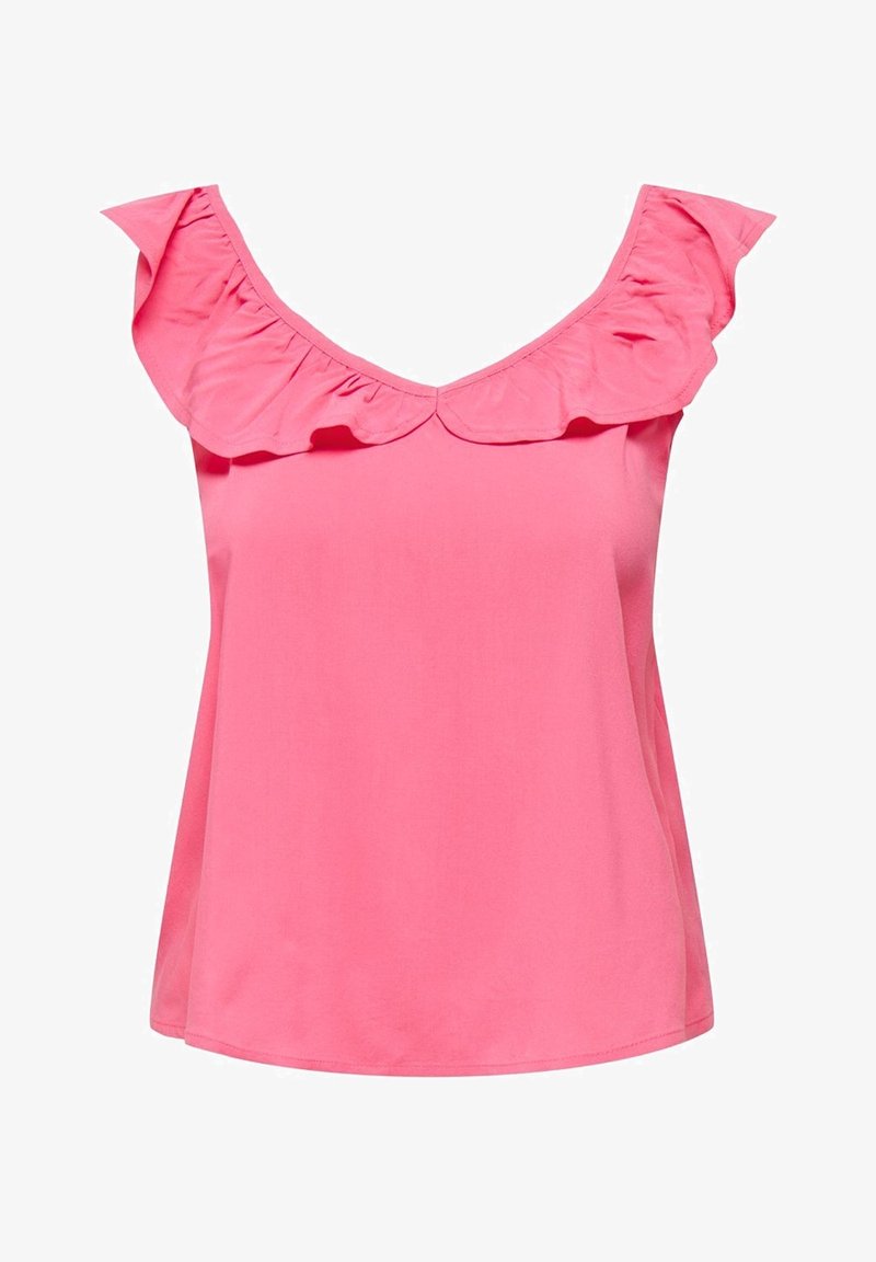 Haut rose sans manches avec un large col volanté et une coupe fluide sur fond blanc.