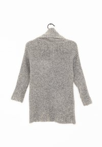 Gray ribbed sweater with long sleeves, featuring a fold-over collar and a soft, textured fabric. Hangs loosely from a black hook.