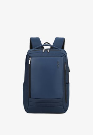 Zaino blu navy realizzato in tessuto testurizzato, dotato di due cerniere laterali, spallacci imbottiti e una maniglia superiore per un facile trasporto.