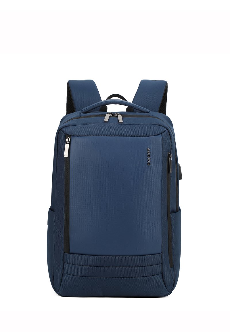 Zaino blu navy realizzato in tessuto testurizzato, dotato di due cerniere laterali, spallacci imbottiti e una maniglia superiore per un facile trasporto.