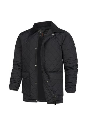 Chaqueta negra acolchada con cierre de botones a presión, dos bolsillos frontales y cuello de pana. Fabricada con un material ligero y resistente al agua.