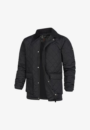 Zwarte gewatteerde jas met een drukknoopsluiting, twee voorzakken en een corduroy kraag. Gemaakt van een lichtgewicht, waterafstotend materiaal.