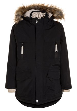Parka d'hiver noire avec capuche bordée de fourrure, deux poches poitrine zippées, deux poches mains à rabat et des poignets intérieurs beiges.