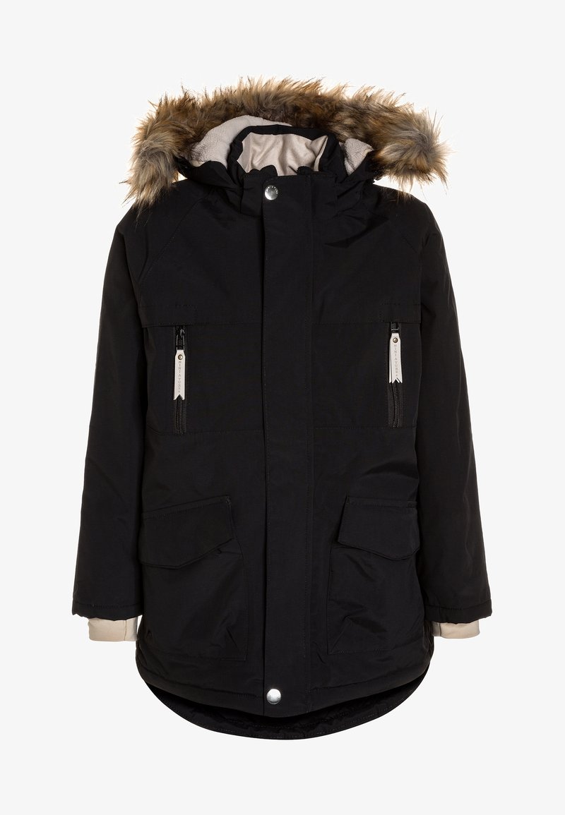 Parka d'hiver noire avec capuche bordée de fourrure, deux poches poitrine zippées, deux poches mains à rabat et des poignets intérieurs beiges.