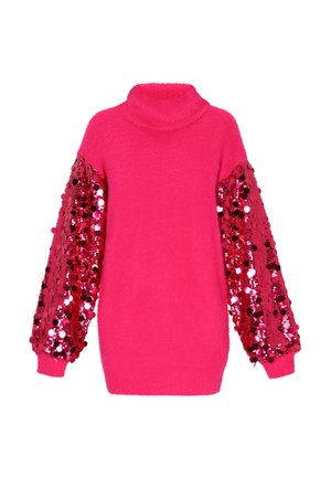 Maglione a collo alto rosa con texture morbida, caratterizzato da maniche lunghe decorate con paillettes rosse in un motivo circolare.