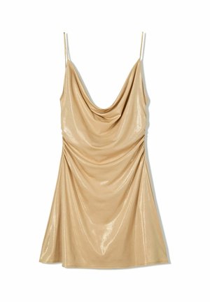 Satin slip dress in beige with a draped neckline, thin adjustable straps, and gathered details on the side. Smooth, shiny texture.