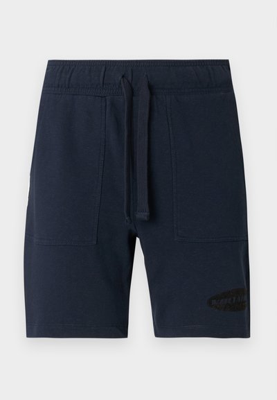 Marineblaue Baumwollshorts mit elastischem Bund und Kordelzug. Mit seitlichen Taschen und einer strukturierten schwarzen Logodetail am Bein.