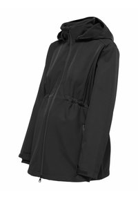 Černá těhotenská bunda se zipem vpředu, nastavitelným stažením v pase, postranními kapsami a kapucí. Vyrobena z hladkého, flexibilního materiálu.