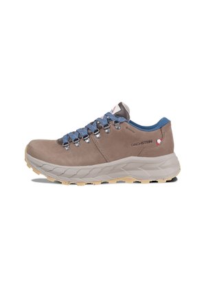Brown leather outdoor shoe with blue laces and tongue, gray sole, textured surface, and logo details on the side.
