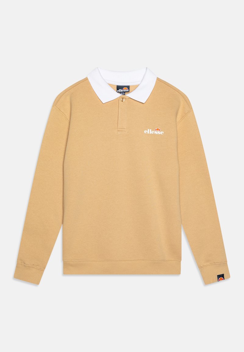 Šviesiai rudos spalvos ilgomis rankovėmis polo marškiniai su balta apykakle, kuriuose yra logotipas kairėje krūtinės pusėje ir kontrastingos spalvų detalės ant rankovių.