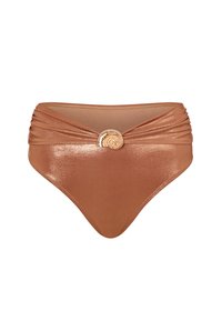 Hochgeschnittene Bikinihose aus kupferfarbenem, glänzendem Material, mit einem gedrehten Taillenbunddesign und einer spiralförmigen Verzierung in der Mitte.