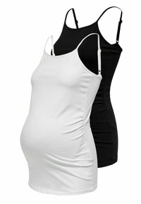 Two maternity tank tops, one white and one black, made of soft fabric. Both feature adjustable straps and gathered sides for fit.