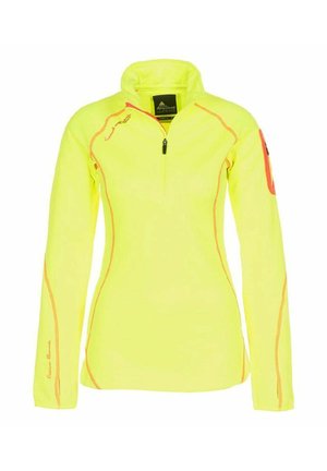 Pull-over de sport jaune à manches longues avec fermeture éclair jusqu'au quart, détails de couture orange et poche zippée sur le haut du bras gauche.
