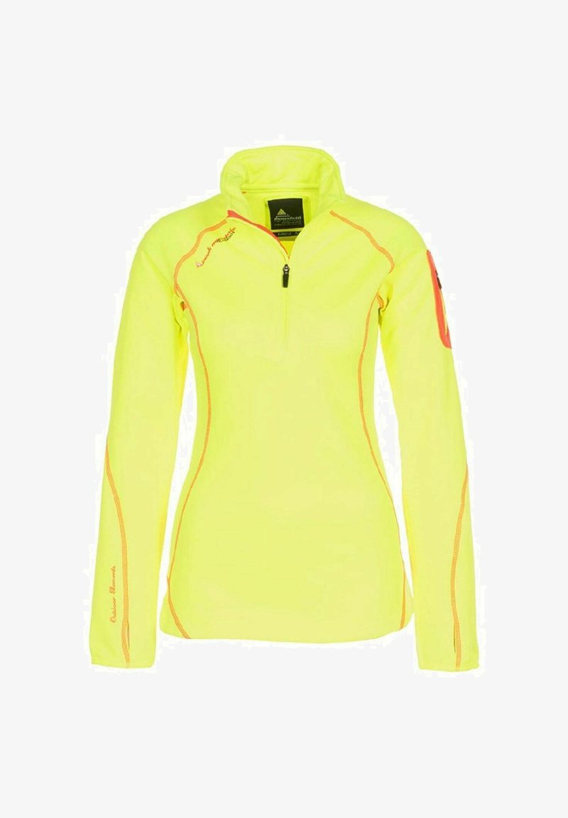 Pull-over de sport jaune à manches longues avec fermeture éclair jusqu'au quart, détails de couture orange et poche zippée sur le haut du bras gauche.