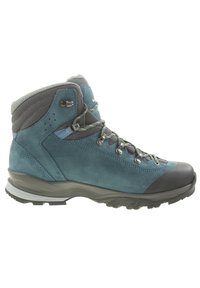 Teal suede hiking boot with gray fabric collar, black toe cap, and green accents. Features metal eyelets and textured rubber outsole.