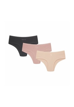 Set of three women's panties featuring a black, a blush pink, and a light beige color. Made from soft fabric with a stretchy design.