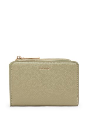 Portafoglio compatto in pelle beige testurizzata con cerniera dorata e piccolo nome del marchio dorato "MIRIADE" sul davanti.