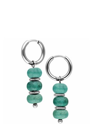 Silver hoop earrings with three stacked turquoise beads separated by small silver rings on each earring.