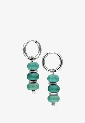 Silver hoop earrings with three stacked turquoise beads separated by small silver rings on each earring.