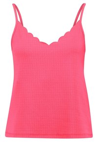 Top senza maniche rosa con scollatura a scallop e spalline doppie sottili, caratterizzato da un leggero motivo in tessuto testurizzato.